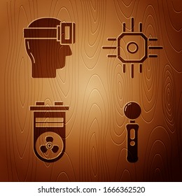 Coloque Gamepad, lentes de realidad virtual, tarjeta de video gráfico y procesador en fondo de madera. Vector