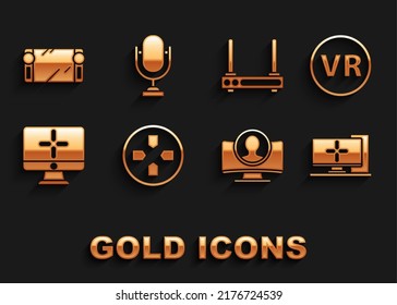 Set Gamepad, Virtual reality glasses, Computer monitor, Create account screen, Router and wi-fi signal, Portable video game console and Microphone icon. Vector