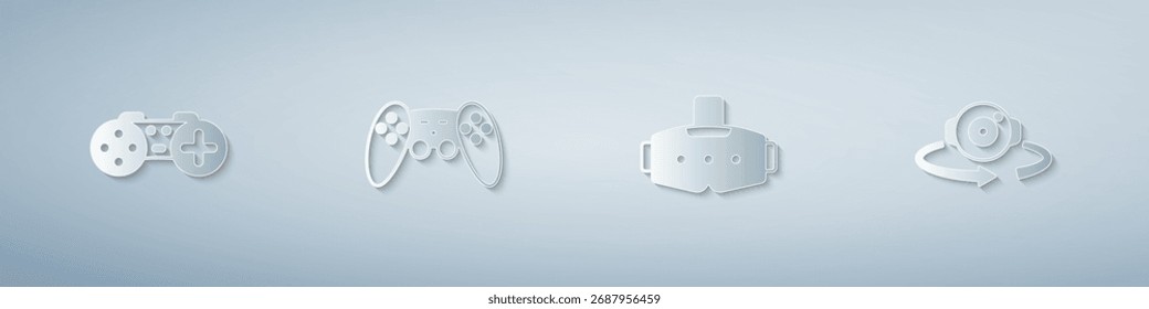 Set Gamepad, Virtual reality glasses and 360 degree view. Paper art style. Vector
