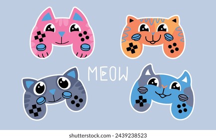 Set of Gamepads cats cartoon character on pink background and text MEOW. Gamepad cat. Game pad character with big eyes, ears, smiling face. Girlish Joystick poster. Cute kitten