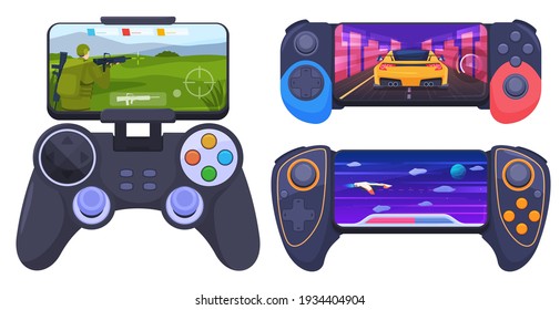 Set of gamepads for games on a smartphone. Gadgets for video games. Vector illustration on a white background