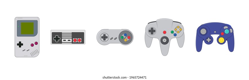 Set of gamepads for retro game consoles. Set of joypads and portable console isolated on white background. Vector image set of joysticks in colour.