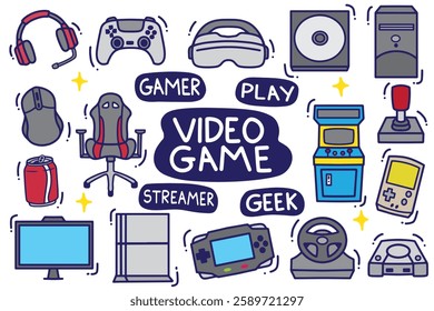 set of gamer doodle with color good for background, wallpaper, element design, icon, etc