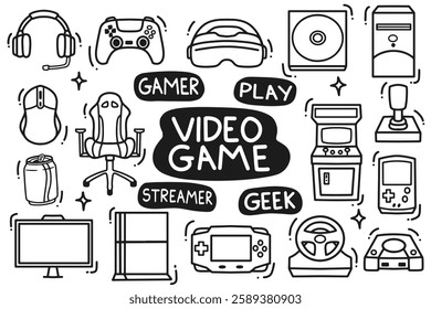 set of gamer doodle good for background, wallpaper, element design, icon, etc