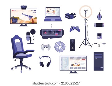 Conjunto de equipos de gamer de estilo plano, ilustración vectorial aislada en fondo blanco. Dispositivos de sonido, monitores, joysticks, consolas y lámpara de anillo. Gadgets para videojuegos