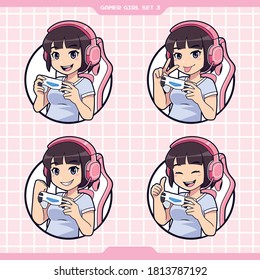 Set of gamer girl logo with cute expression