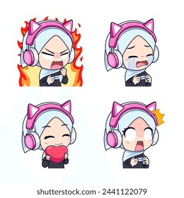 Set of gamer girl muslim cartoon vector illustration suitable for sticker, icons, badges and streamer.