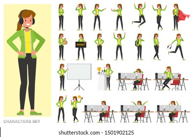 Set of The gamer woman character vector design. Presentation in various action with emotions, running, standing and walking.