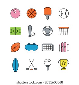 Set of games, athletics, olympic sports, ball, soccer, basketball, baseball, championship, bowling, table tennis, sports icons.