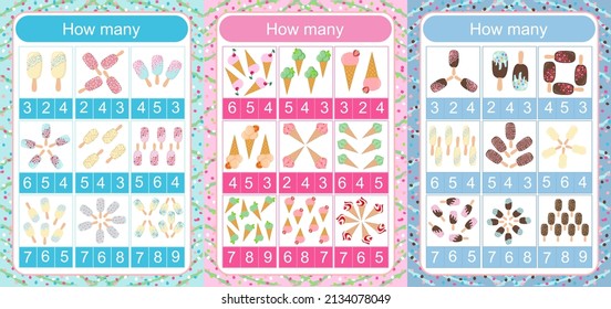 Juego de juegos para niños en matemáticas. Cuenta diferentes tipos de helados. Plantilla vectorial infantil para un café