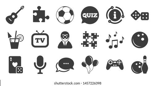 Set of Games, Entertainment and Services icons. Information, chat bubble icon. Football, Bowling and Puzzle signs. Casino, Carnival and Music symbols. Quality set. Vector