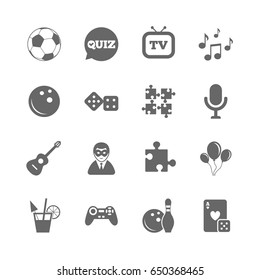 Set of Games, Entertainment and Services icons. Football, Bowling and Puzzle signs. Casino, Carnival and Music symbols. Isolated flat icons set on white background. Vector