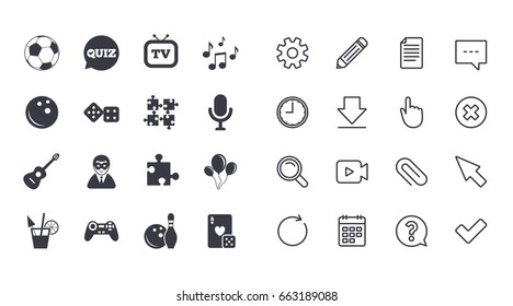 Set of Games, Entertainment and Services icons. Football, Bowling and Puzzle signs. Casino, Carnival and Music symbols. Calendar, Document and Download line signs. Pencil, Service and Search icons