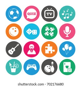 Set of Games, Entertainment and Services icons. Football, Bowling and Puzzle signs. Casino, Carnival and Music symbols. Colored circle buttons with flat signs. Vector