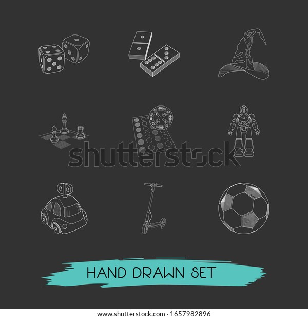 Set of games icons line style symbols with\
scooter, witch hat, football ball and other icons for your web\
mobile app logo design.