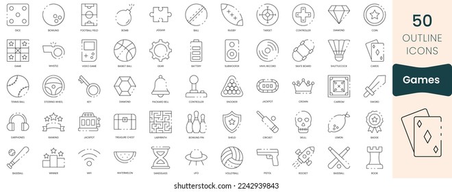 Juego de iconos de juegos. Paquete de iconos de contorno delgado. Ilustración del vector