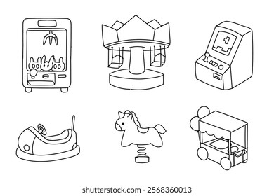 Set of games indoor and amusement park carnival icons hand drawn, doodle elements, vector illustrations. Carousels, ferris wheel, arcade, bumper car, claw machine, entertainment park playground