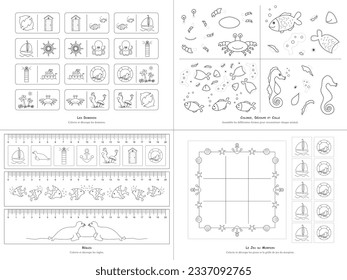 Set of games on the theme of the sea. To color and cut out. Dominoes. Cut out and glue the Sea Animals. Rulers for children, Real size: 25 percent. Tic Tac Toe game. French language. Vector. svg