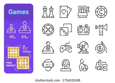 Establezca juegos líneas simples iconos del entretenimiento moderno. Colección de conceptos símbolos modernos para dados, tarjetas, ajedrez, internet, y, web. Pixel perfecto. Ilustración vectorial.