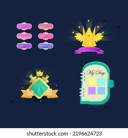 Set For Games UI Abstract Buttons With Golden Borders , Mint Green Note Book Icon Or Pop Up Window  , Winner Pop Up Swords Shield Crown , Crown With Wings Icon  . Cute Colorful Cartoon Vector Design