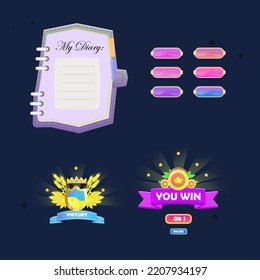 Configura Para Juegos Botones Resumen De UI Con Bordes Dorados , Icono De Libro De Nota Violeta Ligera O Ventana Emergente , Insignia De Icono Azul Dorado Victoria , Ganas Pop Up . Diseño de vectores de dibujos animados coloridos