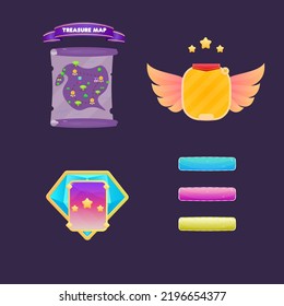 Set For Games UI Bars , Gem Blue Pink Diamond Icon , Purple Treasure Map Pop Up Or Icon , Orange Winner Pop Up  . Cute Colorful Cartoon Vector Design