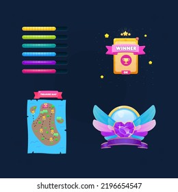 Set For Games UI Bars , Gem Heart And Wings Blue  Purple Pink Icon , Treasure Map Pop Up Or Icon , Orange Winner Pop Up  . Cute Colorful Cartoon Vector Design