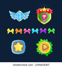Set For Games UI Bows Icon , Gem Blue Wings Diamond Icon , Shield Winner Cup Pop Up Or Icon , Play And Star Icons  . Cute Colorful Cartoon Vector Design