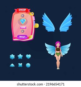 Set For Games UI Buttons  , Blue Wings Icon , Red Book Shop Pop Up , Fairy Girl Elf Character  . Cute Colorful Cartoon Vector Design