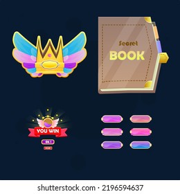 Configura Para Juegos Botones UI , Icono De Libro Marrón O Ventana Emergente , Ganarás Bando , Icono De Corona . Diseño de vectores de dibujos animados coloridos