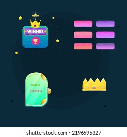 Set for Games UI Buttons , Green Light Book Icon oder Pop Up Fenster , Gewinner Pop Up , Crown Icon . Farbiges Cartoon-Vektordesign