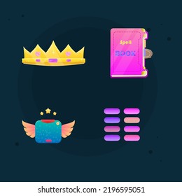 Establecer Para Juegos Botones UI , Icono De Libro Rosa O Ventana Emergente , Insignia Ganadora , Icono De Corona . Diseño de vectores de dibujos animados coloridos