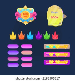 Set For Games UI Buttons , Yellow Book Icon Or Pop Up Window , Crown Icons , Big Win Badge , Life Progress Bars . Cute Colorful Cartoon Vector Design