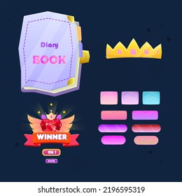 Set For Games UI Glamour Buttons , Light Violet Book Icon Or Pop Up Window  , Winner Heart Gem Badge , Crown Icon  . Cute Colorful Cartoon Vector Design
