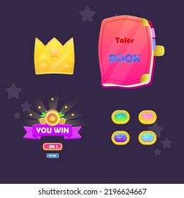 Set For Games UI Glamour Buttons , Red Book Icon Or Pop Up Window  , You Win Coin Badge , Crown Icon  . Cute Colorful Cartoon Vector Design