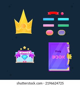 Configura Para Juegos Botones De Glamour UI , Icono De Libro Púrpura Oscuro O Ventana Emergente , Ganador Pop Up Blue Wooden , Icono De Corona . Diseño de vectores de dibujos animados coloridos