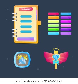 Establecer Para Juegos Botones De Vidrio De La UI , Icono De Gema Y Alas De La Corona Hoyo Lollipop , Para Hacer Listar Nota Emerger O Icono De Libro , Icono De Espadas . Diseño de vectores de dibujos animados coloridos