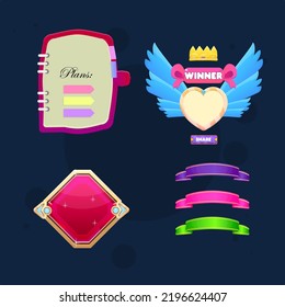 Set For Games UI Red RPG Gem Button  , Red Note Book Icon Or Pop Up Window  , Ribbons Set , Winner Pop Up Blue Wings Heart Bow Crown  . Cute Colorful Cartoon Vector Design