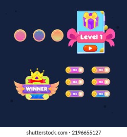 Set For Games UI Rounded Wooden Buttons , Level 1 Book  Icon Or Pop Up Window  , Winner Badge  Icon , Coin Bars . Cute Colorful Cartoon Vector Design