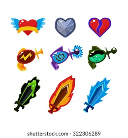 Set for games weapon and icons collection vector illustration