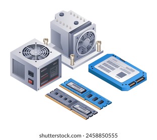 A set of gaming computer parts infographics 3d illustration flat isometric