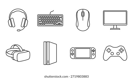 Conjunto de iconos de línea de dispositivos de juego con auriculares, teclado, ratón, monitor, gafas de realidad virtual, consola y controlador para conceptos de entretenimiento digital y deportes electrónicos