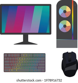 Set of gaming equipment or pc set up- a pc, monitor or screen, mouse and keyboard. Keyboard and pc have RGB lights, monitor screen has bright colors. Mouse is dark themed. 