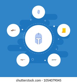 Set of gaming icons flat style symbols with knight helmet, kalashnikov, rpg and other icons for your web mobile app logo design.
