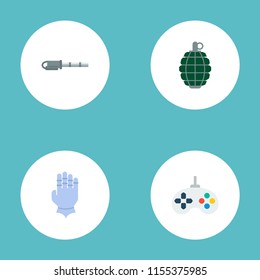 Set of gaming icons flat style symbols with joystick, grenade, gatling gun and other icons for your web mobile app logo design.