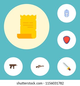 Set of gaming icons flat style symbols with knight helmet, submachine, sniper rifle and other icons for your web mobile app logo design.