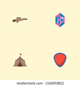 Set of gaming icons flat style symbols with sniper rifle, crystal, medieval barracks and other icons for your web mobile app logo design.