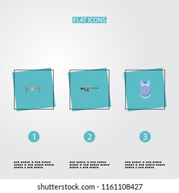 Set of gaming icons flat style symbols with kalashnikov, rpg, body armor and other icons for your web mobile app logo design.
