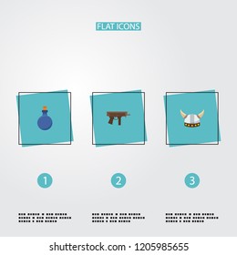 Set of gaming icons flat style symbols with mana potion, submachine, barbarian and other icons for your web mobile app logo design.