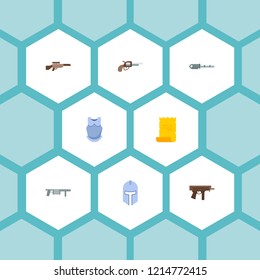 Set of gaming icons flat style symbols with body armor, rpg, sniper rifle and other icons for your web mobile app logo design.